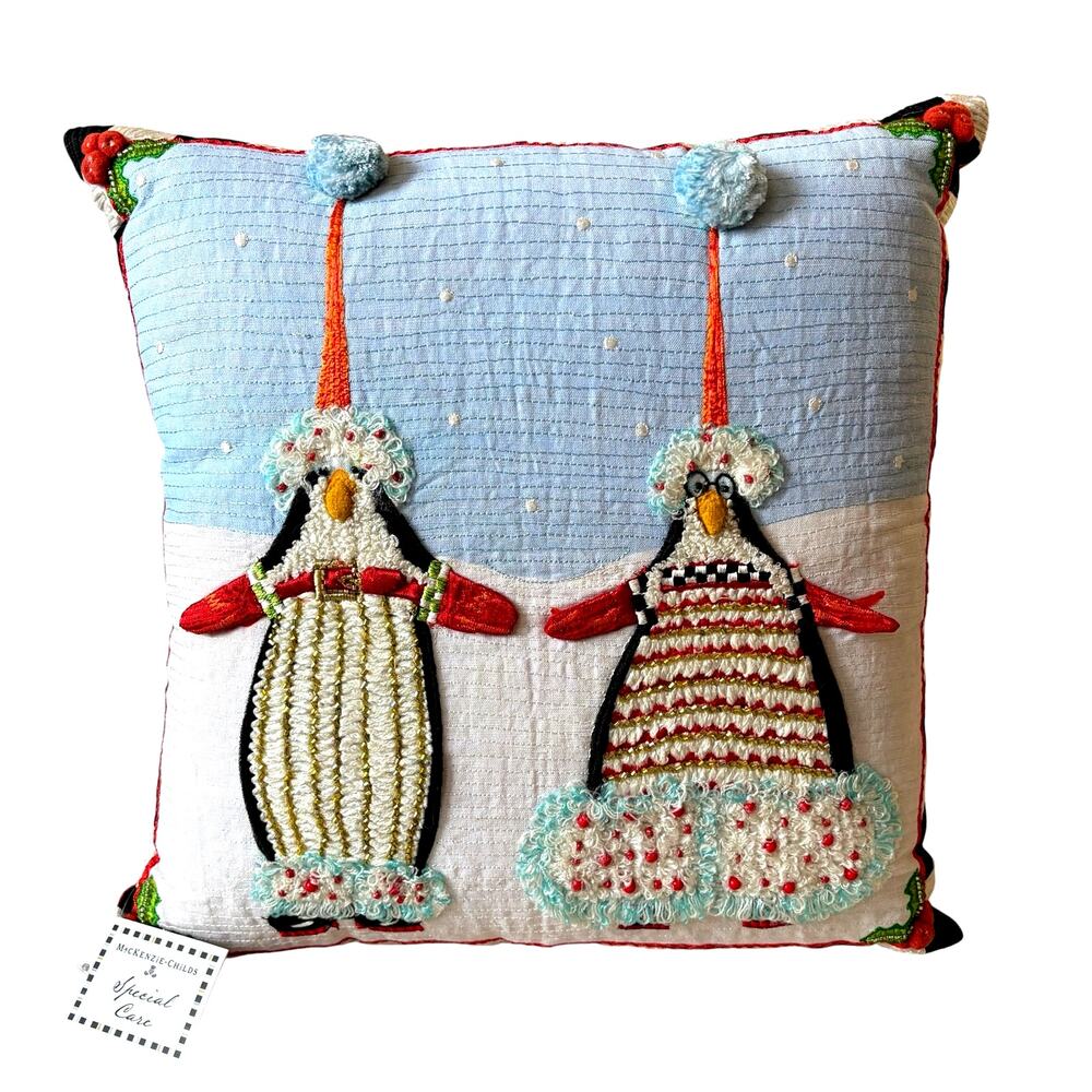 New MacKenzie-Childs Patience Brewster Santa Penguins Throw Pillow 18in Holiday
